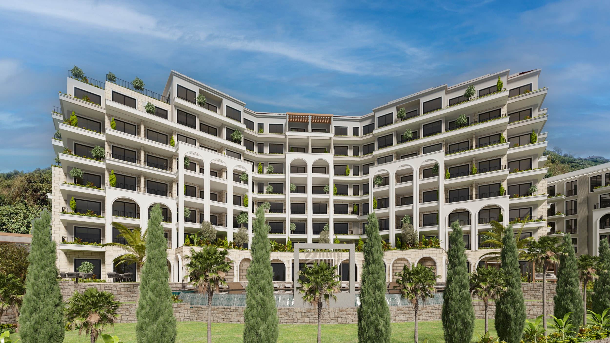 its unique location, Royal View Resort & Spa City will be equipped with rich infrastructure, unique compared to any other project in Montenegro:  24-hour reception  An outdoor infinity pool 25 meters long with stunning views of the sea, city, and mountains, equipped with a pool bar so you can enjoy ice cream or drinks both in the pool and on the loungers nearby  A pool that seamlessly transitions from indoors to outdoors, with water heated to a soothing 34 degrees, available year-round.  A spa complex with convenient changing rooms, including an indoor swimming pool about 15 meters long, a jacuzzi area, sauna, hammam, salt "cave," and massage room, allowing you to relax and unwind without leaving home  A fitness room to help you stay in shape  A fully equipped gym, outdoor yoga classes to provide mental and physical harmony  A 50 square meter children's playroom to ensure your children have an interesting and safe time, allowing you some „me“ time  A 300 square meter conference room and coworking space ideal for presentations, training sessions, business meetings, and remote work for IT specialists and others.  The complex offers a full concierge service: the concierge will park your car, assist with luggage, ensure safety and cleanliness of the property, making you and your guests as comfortable as possible. Additionally, the complex offers spacious entrance areas with reception and cozy lobbies for short meetings.  The spacious territory around the complex allows for access to the reception by minivan and specially equipped transport for people with disabilities, ensuring maximum comfort for guests. Timeless classics with elegant arched designs and light modern lines are perfectly balanced and harmoniously combined with the Mediterranean style in the architecture of Royal View Resort & Spa City. Half of the apartments in the complex have very comfortable large green terraces, where you can place sun loungers, a jacuzzi, a sofa with a table, and enjoy the magical views of Budva without even leaving your apartment.  Them luxurious penthouses of high-end Royal View Resort & Spa City complex. Each penthouse will have its own large rooftop relaxation area with a jacuzzi, as well as an open-air kitchen (bar table, grill, refrigerator). One of them will have a private pool, and all penthouses will be equipped with fireplaces. The penthouses in our complex can easily measure up to luxurious villas.  Living in this residential complex parallels the experience of staying in a 5-star hotel. The staff is constantly in the complex, providing clean towels, cleaning the sauna and pool, and maintaining cleanliness in the gym etc. Moreover the complex enforces rules of conduct, requiring residents to observe quiet hours at night. Pool parties and other disturbances that could threaten the comfort of others are excluded.  We also offer the option to purchase storage and parking spaces in the underground garage.