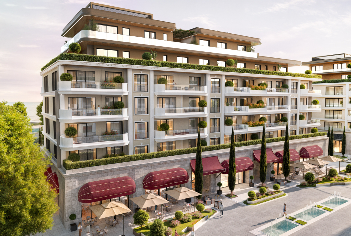 Welcome to the longest sandy beach on the Adriatic. Here, at the foot of the mountains and right by the sea, Porta Rai Beachfront Hotel & Residences offers an enhanced lifestyle and luxurious details that will forever change the way you see pleasure and relaxation. Porta Rai Beachfront Hotel & Residences is designed to have it all: It has 300 meters of private beach and spans 10 hectares. You are surrounded by almost untouched nature: a lake, a park and green oases connected by paths that lead into the central square and to a unique beach promenade. Seven pools offer everything you need to relax or unwind, as well as a mini golf course, basketball courts, tennis and padel courts, beach volleyball, children's karting and a pavilion for yoga and meditation You will always find your place. In addition to the lobby bar, there are seven restaurants, a beach club, three beach bars and a bar in the central square. Life is really celebrated here: Large public events take place in the main square, and your more intimate celebrations can be organized in the park, on the beach or by the lake. If you wish, your little ones can have fun in the playground, on the go-kart track or in the Kids Club. Porta Rai Beachfront Hotel & Residences offers you a unique experience on the beach like never before. Violet Investment, montenegro investment, karadag yatirim