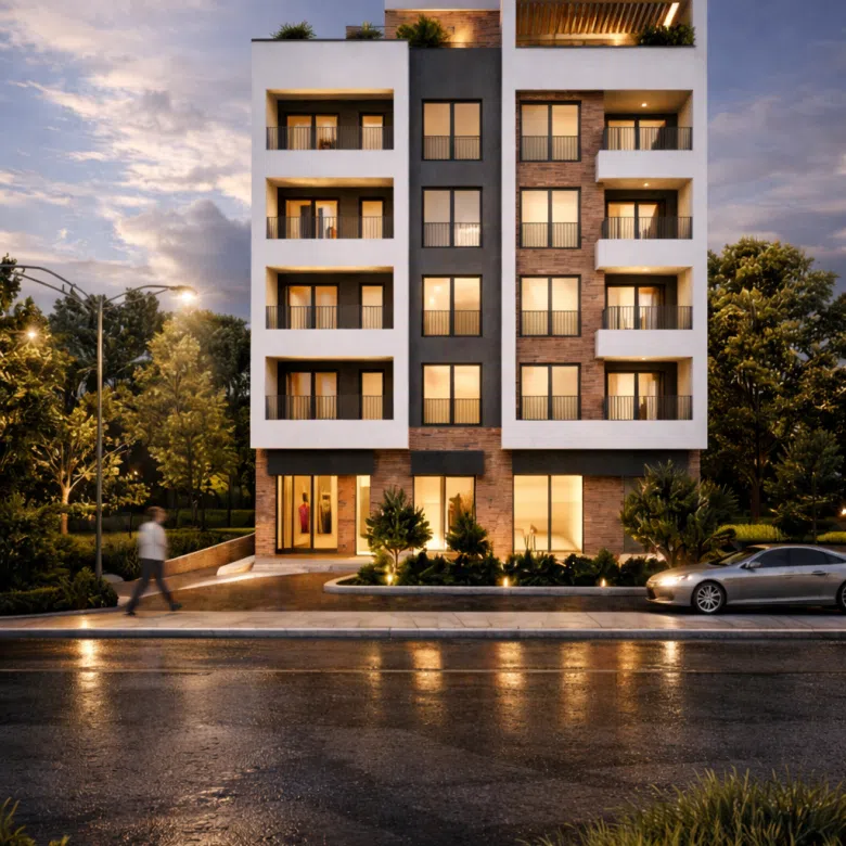 mixed-use, residential-commercial, Zagorič, Podgorica, behind former police building, Nova Varoš, city center proximity, Preko Morače access, Big Fashion mall, strong connectivity, ground-floor retail, commercial frontage, 6 above-ground floors, 2 underground levels, underground garage, 40 parking spaces, 30 residential units, studios, one-bedroom apartments, two-bedroom apartments, penthouse level, contemporary architecture, clean lines, white façade, deep grey accents, red brick texture, flat roof, recessed penthouse, large windows, natural light, balconies, loggias, glass storefronts, active street frontage, modern living standards, violet investme nt, gorica palace, gorica residence
