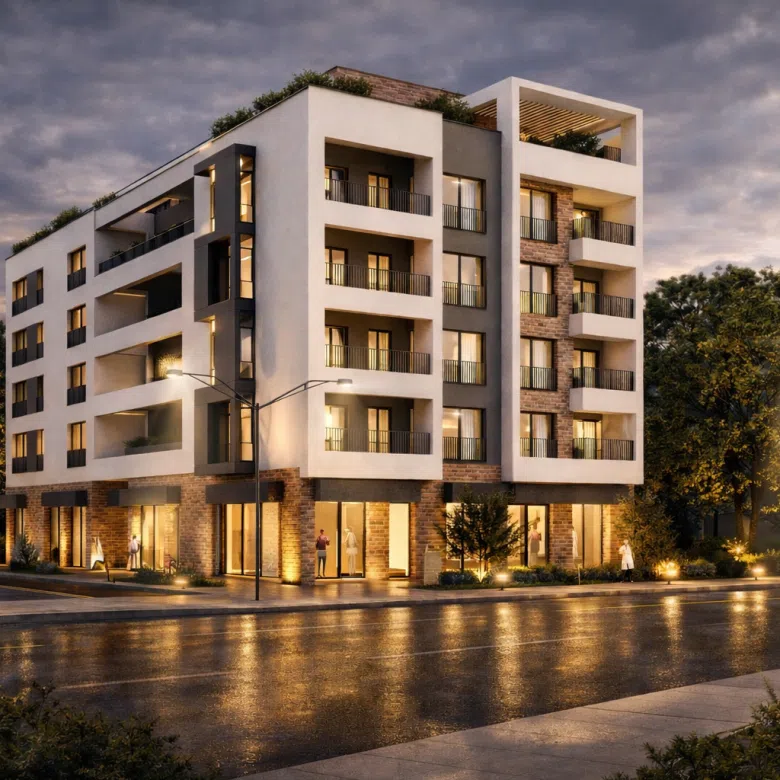 mixed-use, residential-commercial, Zagorič, Podgorica, behind former police building, Nova Varoš, city center proximity, Preko Morače access, Big Fashion mall, strong connectivity, ground-floor retail, commercial frontage, 6 above-ground floors, 2 underground levels, underground garage, 40 parking spaces, 30 residential units, studios, one-bedroom apartments, two-bedroom apartments, penthouse level, contemporary architecture, clean lines, white façade, deep grey accents, red brick texture, flat roof, recessed penthouse, large windows, natural light, balconies, loggias, glass storefronts, active street frontage, modern living standards, violet investme nt, gorica palace, gorica residence