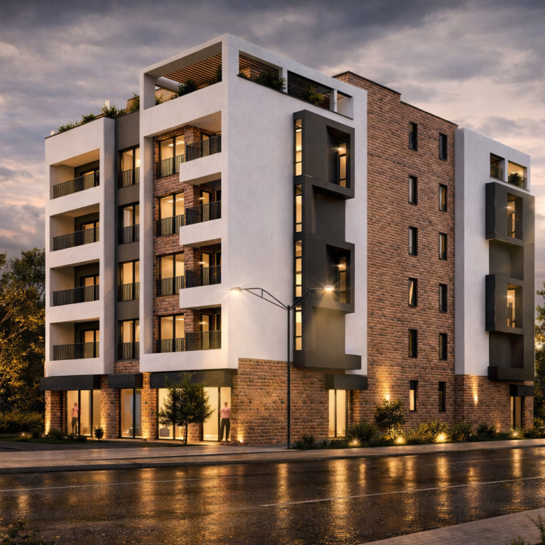 mixed-use, residential-commercial, Zagorič, Podgorica, behind former police building, Nova Varoš, city center proximity, Preko Morače access, Big Fashion mall, strong connectivity, ground-floor retail, commercial frontage, 6 above-ground floors, 2 underground levels, underground garage, 40 parking spaces, 30 residential units, studios, one-bedroom apartments, two-bedroom apartments, penthouse level, contemporary architecture, clean lines, white façade, deep grey accents, red brick texture, flat roof, recessed penthouse, large windows, natural light, balconies, loggias, glass storefronts, active street frontage, modern living standards, violet investme nt, gorica palace, gorica residence