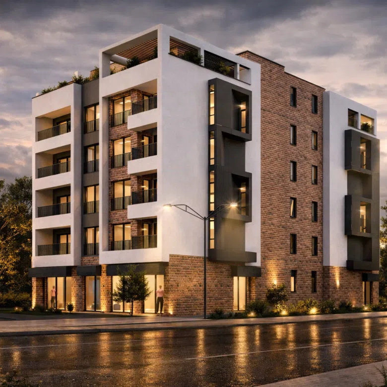 mixed-use, residential-commercial, Zagorič, Podgorica, behind former police building, Nova Varoš, city center proximity, Preko Morače access, Big Fashion mall, strong connectivity, ground-floor retail, commercial frontage, 6 above-ground floors, 2 underground levels, underground garage, 40 parking spaces, 30 residential units, studios, one-bedroom apartments, two-bedroom apartments, penthouse level, contemporary architecture, clean lines, white façade, deep grey accents, red brick texture, flat roof, recessed penthouse, large windows, natural light, balconies, loggias, glass storefronts, active street frontage, modern living standards, violet investme nt, gorica palace, gorica residence
