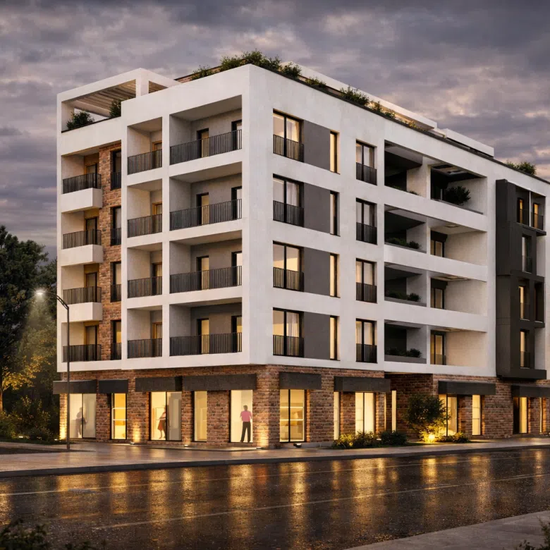 mixed-use, residential-commercial, Zagorič, Podgorica, behind former police building, Nova Varoš, city center proximity, Preko Morače access, Big Fashion mall, strong connectivity, ground-floor retail, commercial frontage, 6 above-ground floors, 2 underground levels, underground garage, 40 parking spaces, 30 residential units, studios, one-bedroom apartments, two-bedroom apartments, penthouse level, contemporary architecture, clean lines, white façade, deep grey accents, red brick texture, flat roof, recessed penthouse, large windows, natural light, balconies, loggias, glass storefronts, active street frontage, modern living standards, violet investme nt, gorica palace, gorica residence