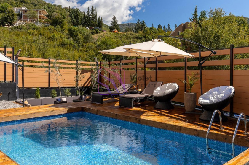 one bedroom apartment Lastva Grbaljska sale, apartment near Budva Montenegro 52m2, property Kotor region investment, apartment with pool Montenegro real estate, furnished apartment near Budva for sale, Montenegro property investment near coast,violet investment