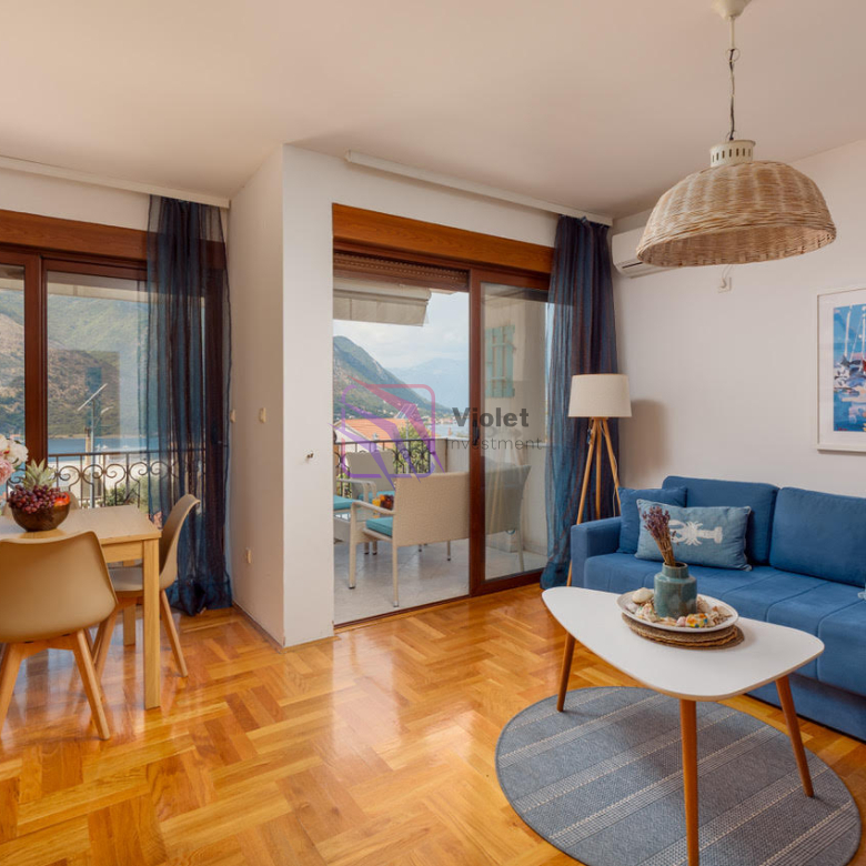 one bedroom apartment Dobrota Kotor sale, apartment with sea view Bay of Kotor property, real estate Dobrota Montenegro 50m2 apartment, apartment with parking Kotor Montenegro, investment property Kotor Dobrota near sea,violet investment