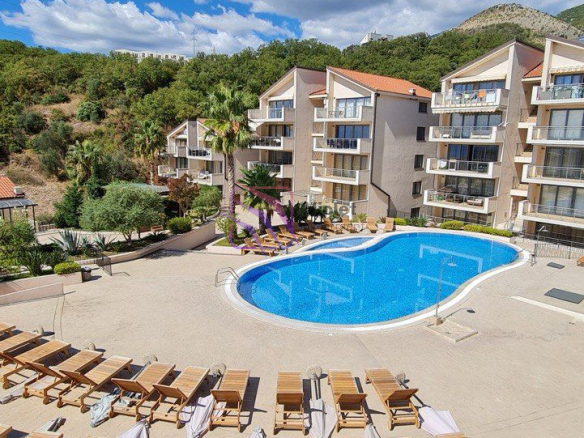 two bedroom apartment Przno Budva sale, apartment near Sveti Stefan Montenegro, property Przno Budva Riviera investment, apartment with pool Montenegro coast, real estate Przno Montenegro 75m2, violet investment