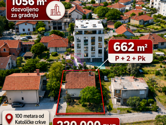 development land for sale Podgorica Konik, building plot with permit Montenegro, investment land Podgorica 1056m2 build area, urbanized land Konik Podgorica, apartment development opportunity Montenegro,violet investment