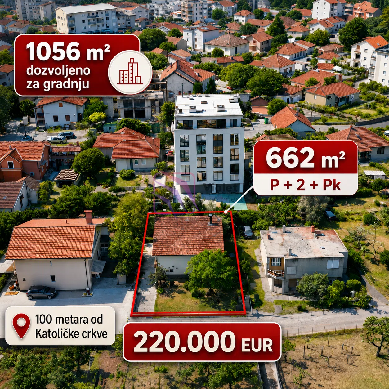 development land for sale Podgorica Konik, building plot with permit Montenegro, investment land Podgorica 1056m2 build area, urbanized land Konik Podgorica, apartment development opportunity Montenegro,violet investment
